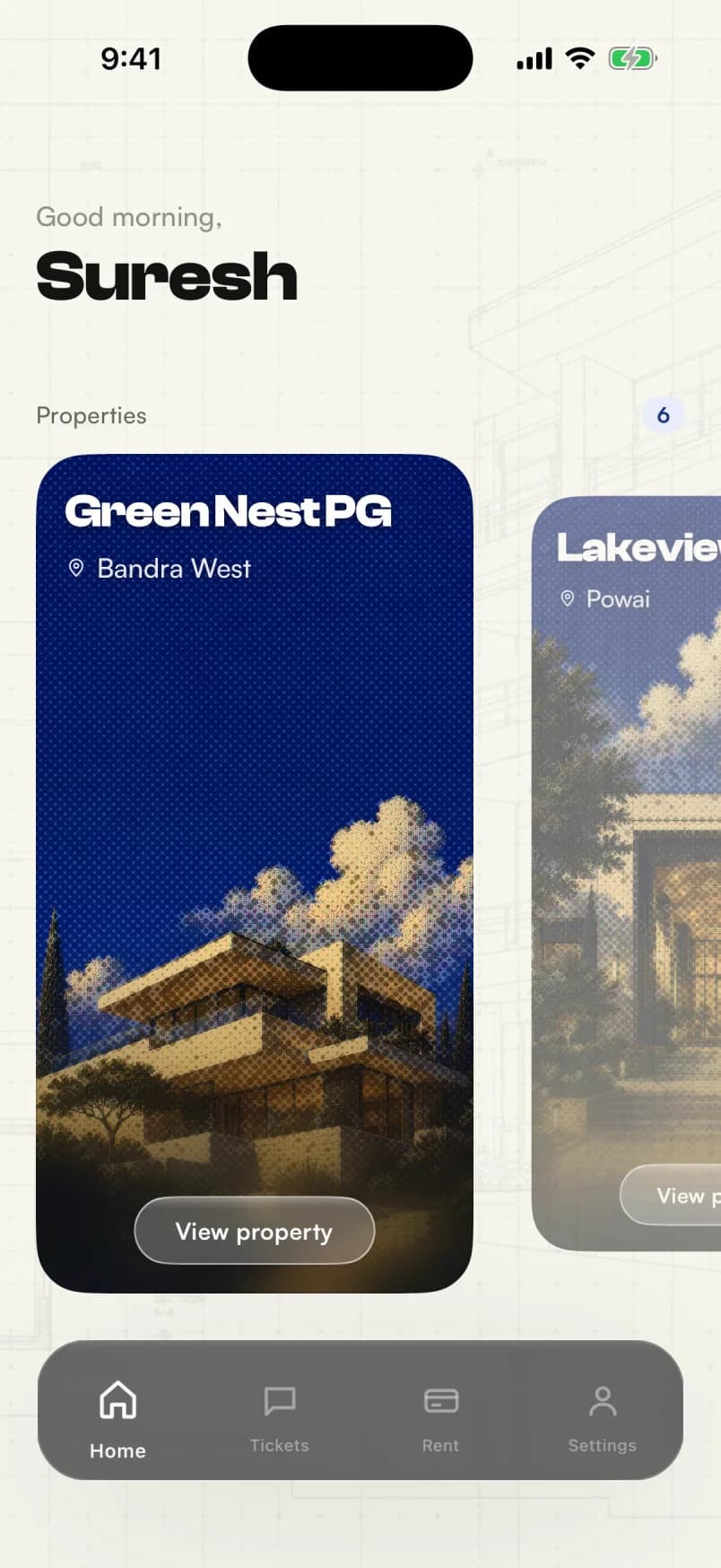 getstayz owner app home screen listing six properties, starting with Green Nest PG in Bandra West