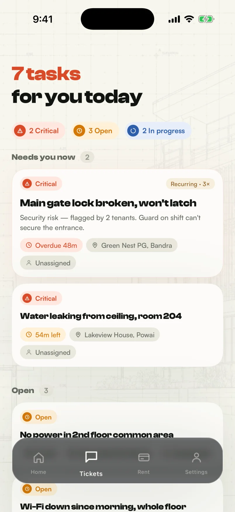 getstayz owner app tickets screen: seven tasks for today, two critical, led by an overdue broken gate lock